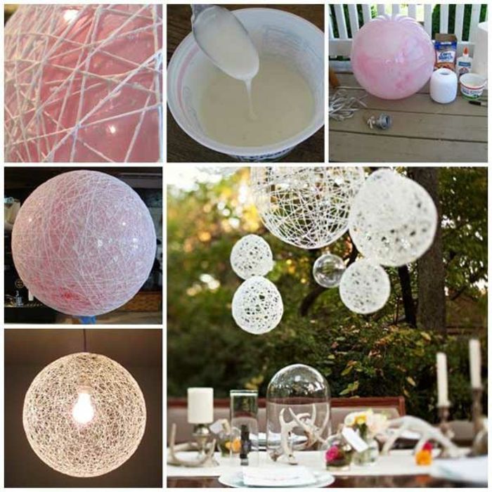 diy lampenkappen gemaakt van wit garen, bal, tuindecoratie, tafel