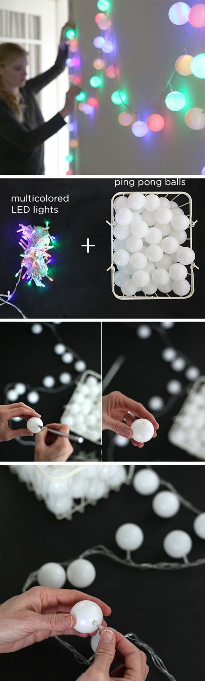 faça a decoração da parede você mesmo, lâmpadas, bolas brancas pequenas de plástico