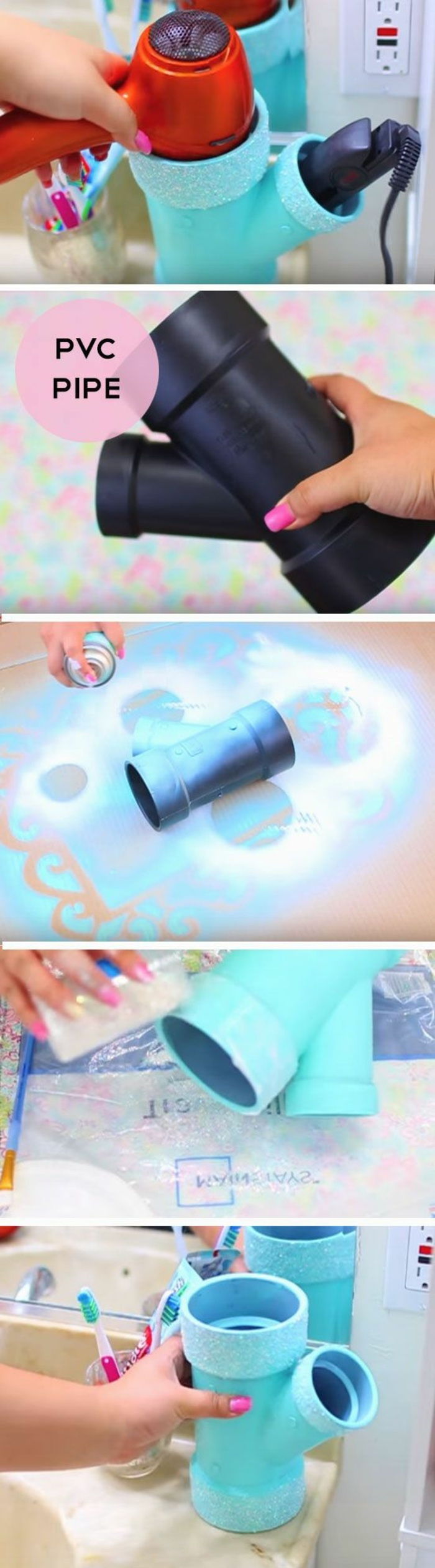 tubo de spray com spray azul, secador de cabelo, casa de banho