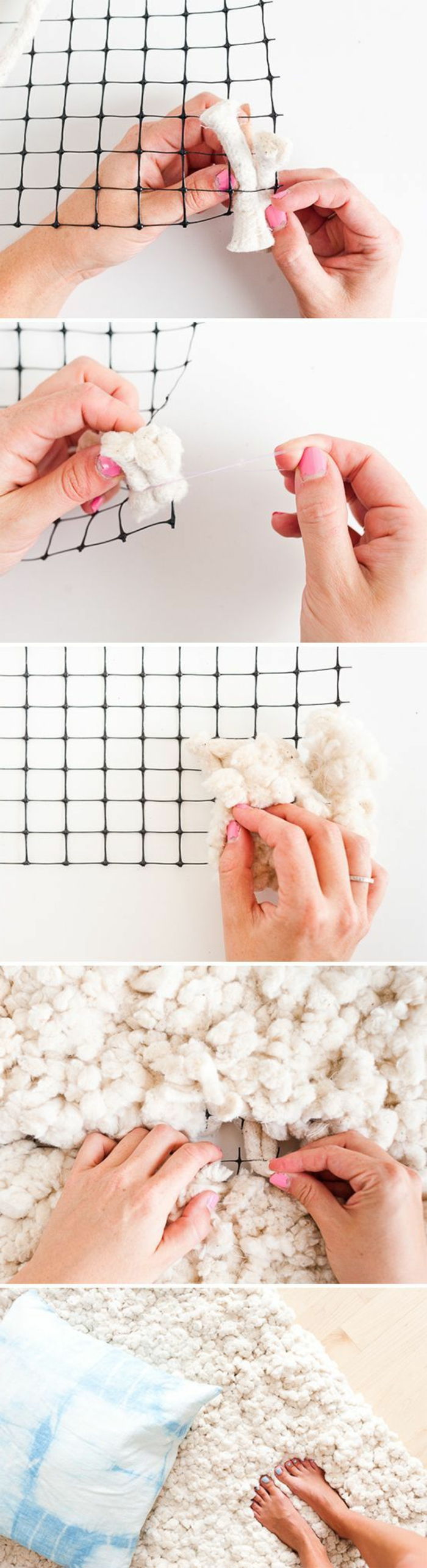 cool nápady remesiel. vytvorte si vlastný koberec z bielej textílie, vankúša