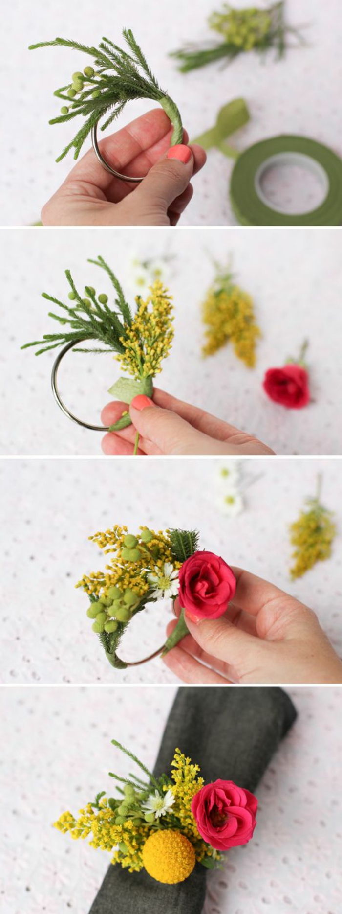 cool remeselné nápady - urobte stolové dekorácie sami, malé vence s kvetmi, obrúsok