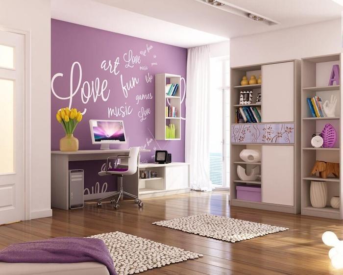 Idee mobili per la camera in viola bianco fresco giallo iscrizioni tulipani sulla parete amore ridere musica