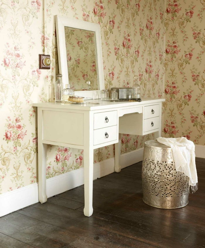 chladný-vintage tapety Kvetinové dekorácie stoličky z kovu s toaletným stolíkom zarážajúce, dizajnu