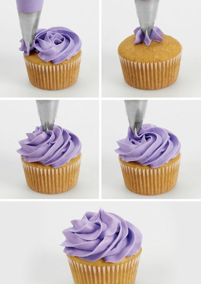 Decorați cupcake cu sirop violet cu cremă violetă