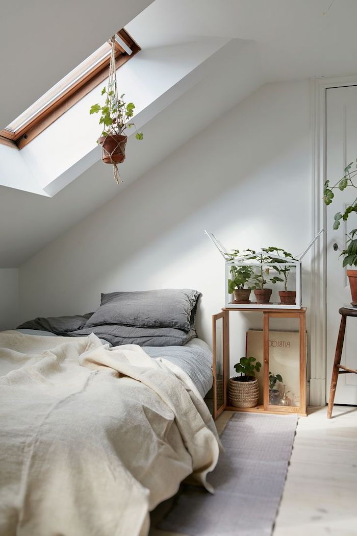 loft ideja postelja garderobe rastlin okna preproga ideje majhna spalnica