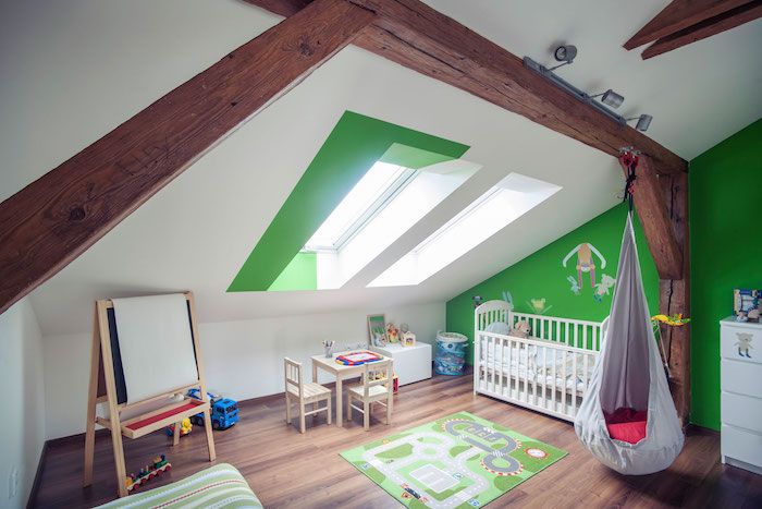 Mansarda sukūrė idėją vaikų darželio balta žalia dizaino puiki idėja lentyna
