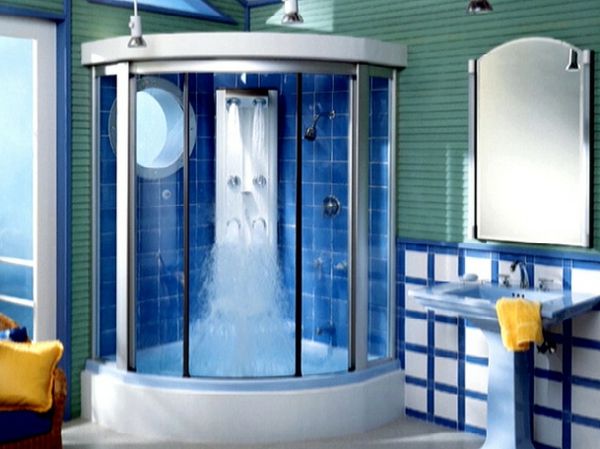 cabine de duche a vapor ultramoderno - azulejos interessantes e um espelho redondo directamente no duche