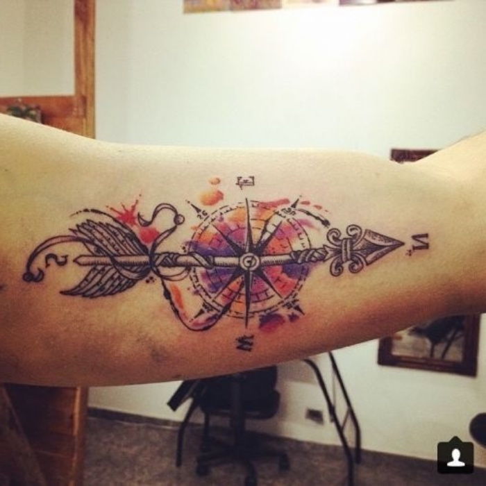 Idee ideala pentru un tatuaj colorat cu busola mare, cu culori colorate - tatuaj cu apa