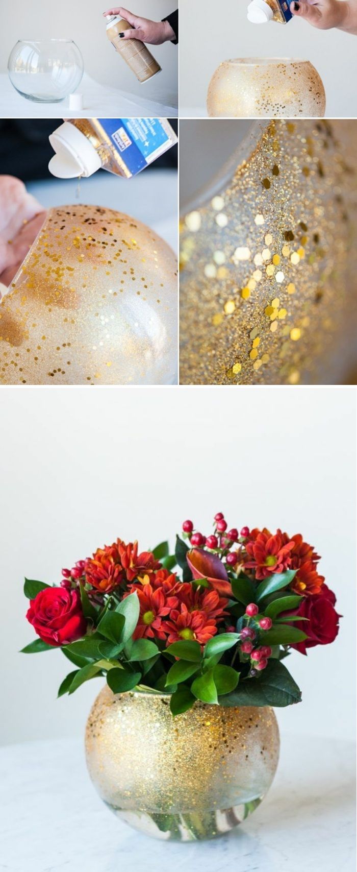 Okrasite okroglo stekleno vazo z bleščicami in zlatimi konfeti, rdečimi cvetovi