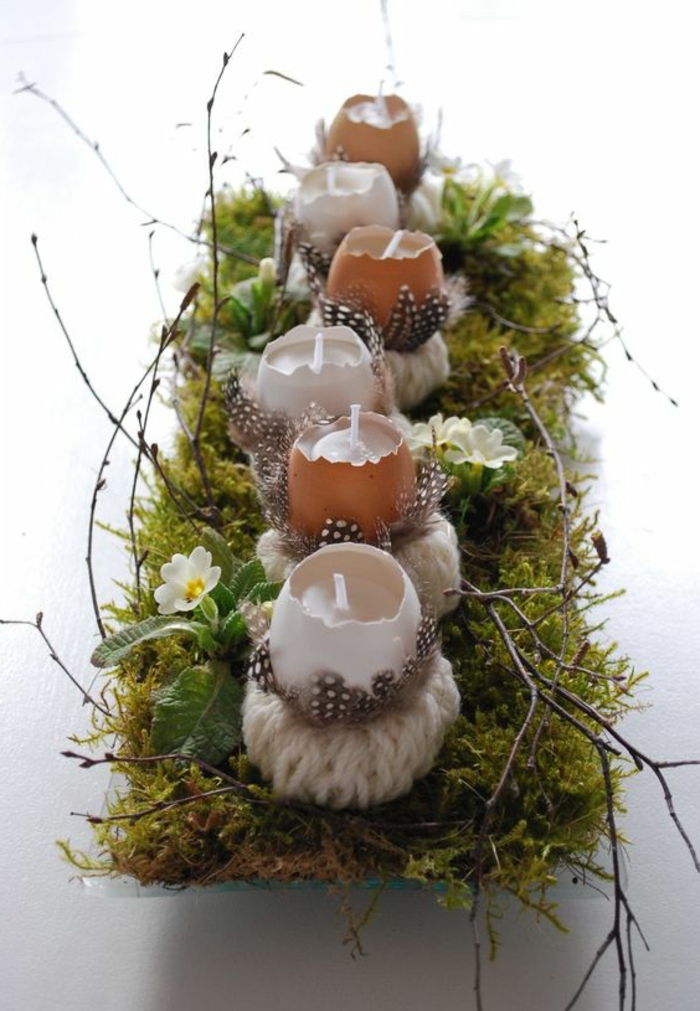 Dekoravimo idėjos pavasario-turto areštai-su-Moss-of-broken-kiaušinio-and-žvakių
