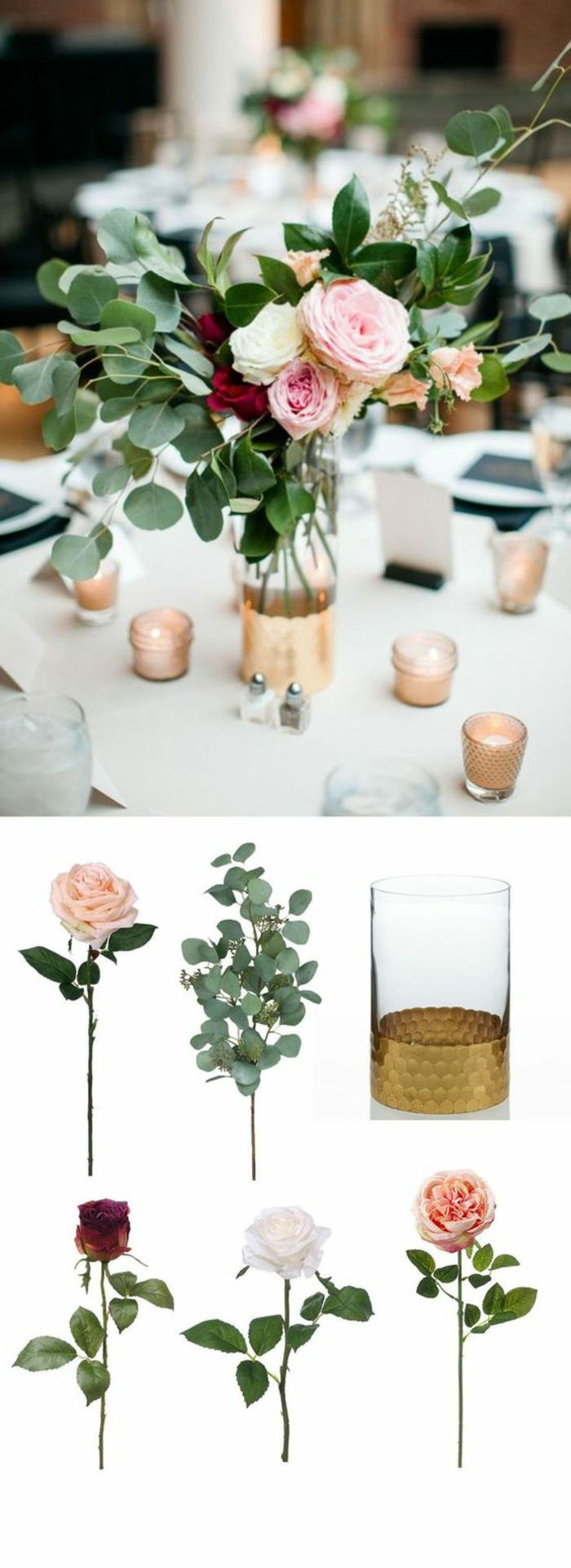 slávnostné dekorácie stolov, vázy zo skla zdobené zlatou farbou, ruže
