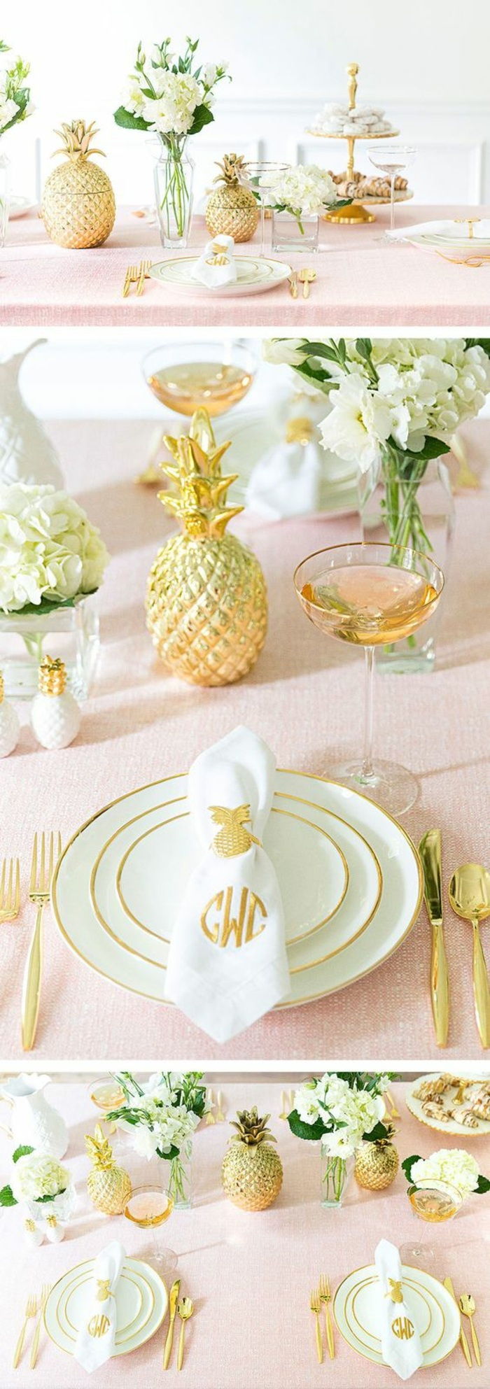 slávnostné dekorácie stolov, stolová dekorácia v ružovej, bielej a zlatej, ananás, zlaté príbory