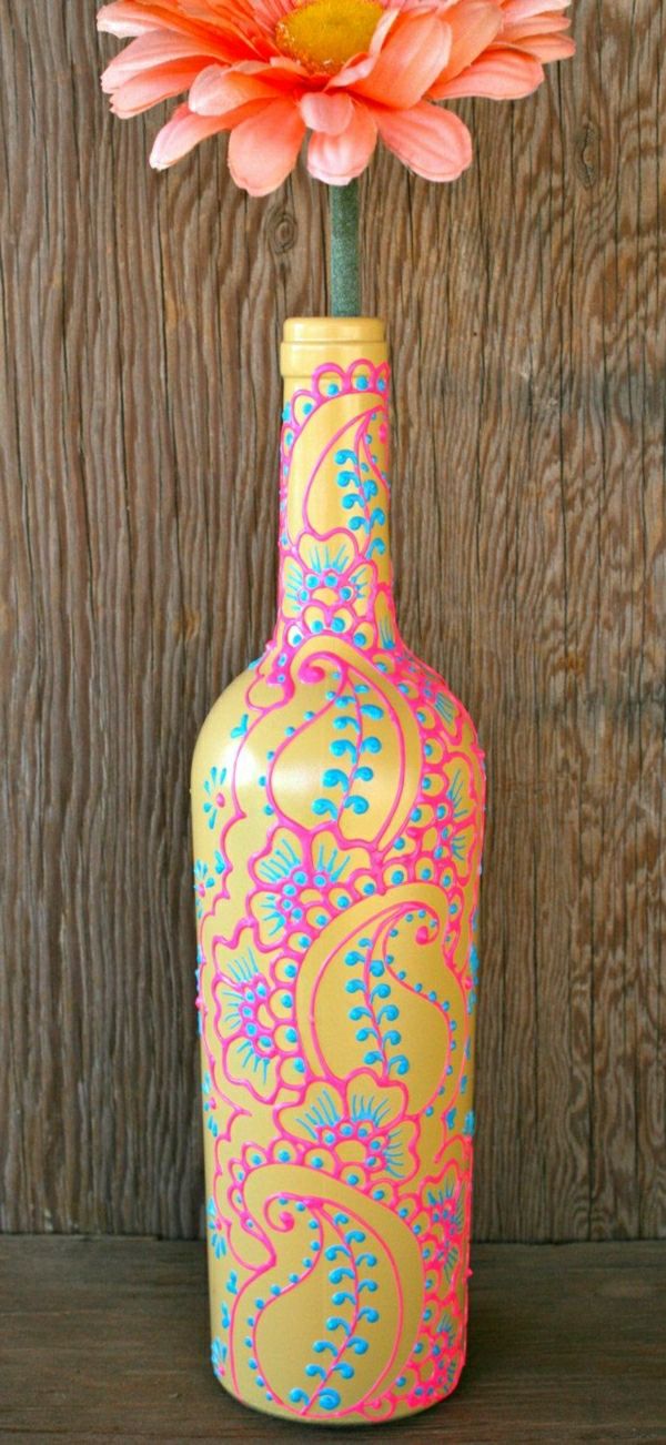 decoratieve wijnfles vaas bloemen henna Gouden Blauw Roze