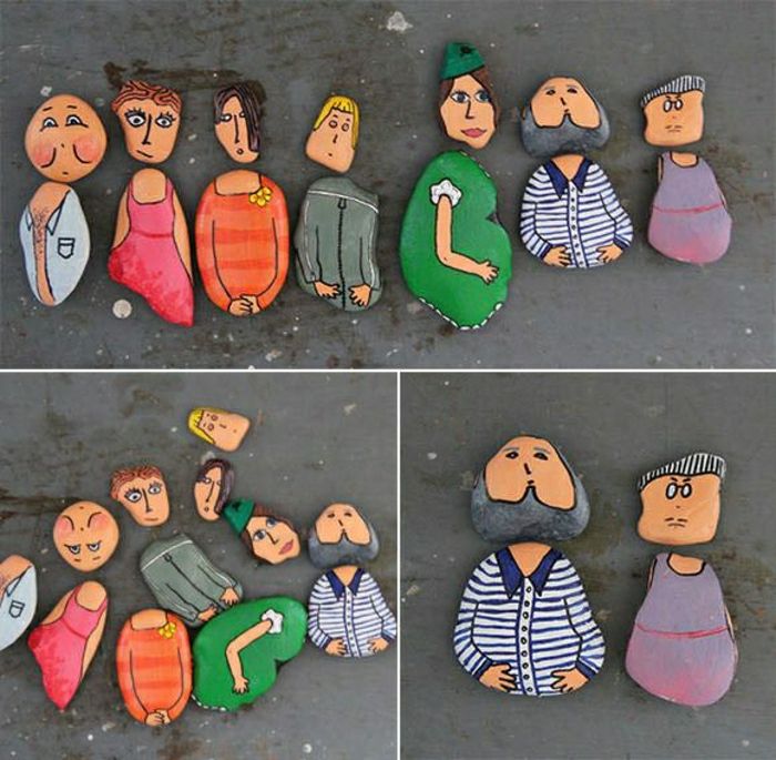 Aile Kadınlar Erkekler çizimleri dekore taşlar-insanlar