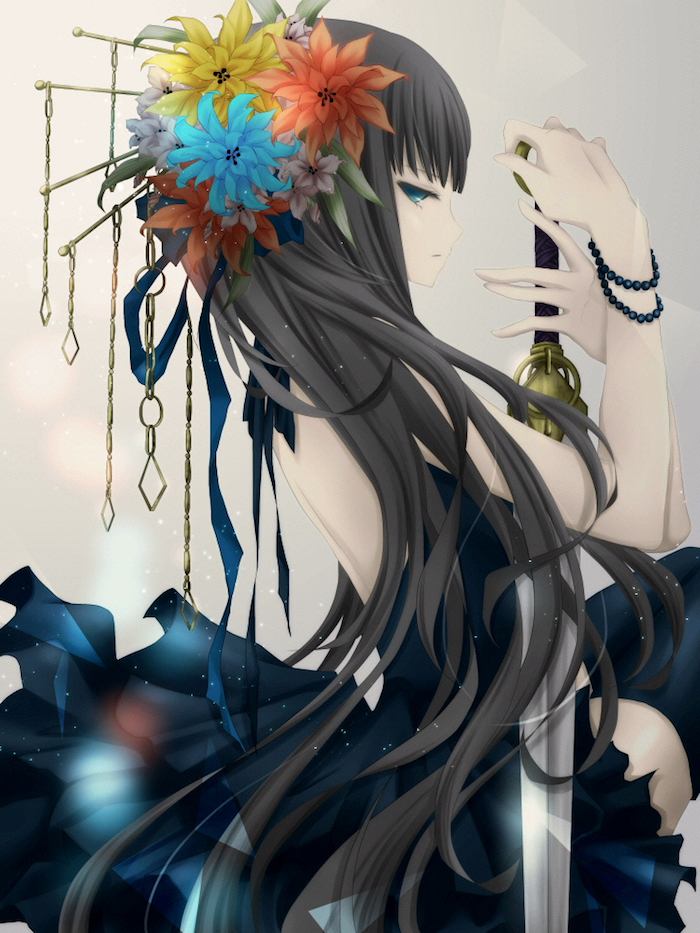 menina bonita com cocar floral, olhos azuis, vestido preto