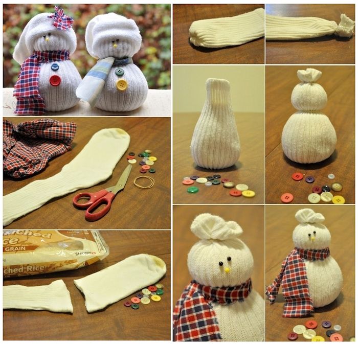 navodila za snežaka, ki izdelujejo nogavice - bele nogavice in beli snežak s šalom in barvnimi gumbi