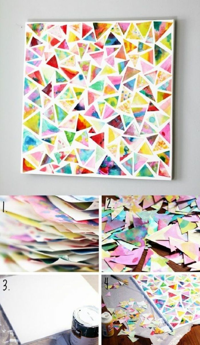 Gör väggdekoration själv, färgglada trianglar, bild med geometriska figurer