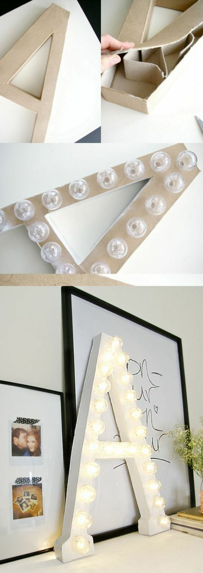 decoração da parede, grande carta de papelão, lâmpadas, lâmpada, fotos