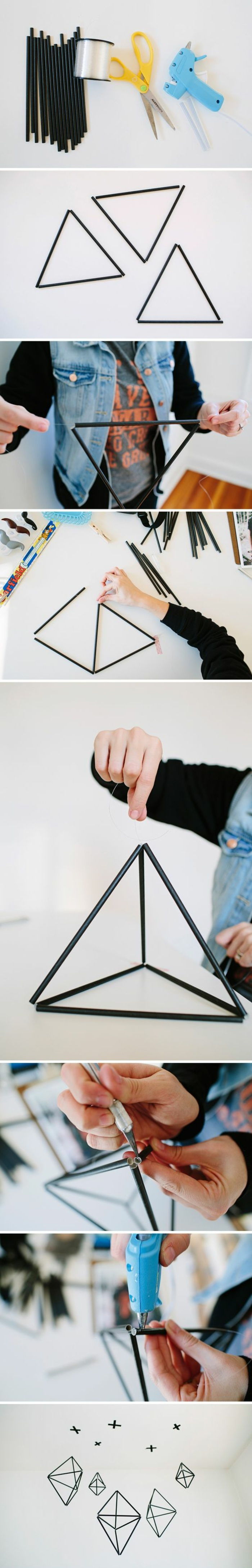 coola idéer för hantverk - hängande geometriska figurer av svarta rör och angelsin