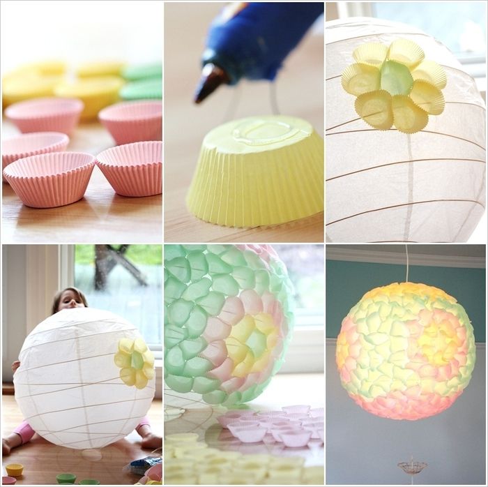 Lag lampeskjermer fra fargerike papirkopper til muffins selv, inspirerende DIY ideer og instruksjoner