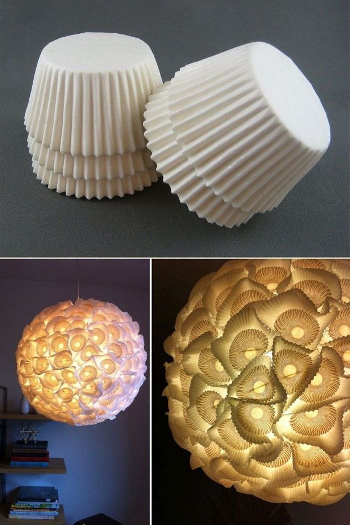 Gjør lampeskjermer ut av papirkopper for muffins, kreative ideer til kopiering