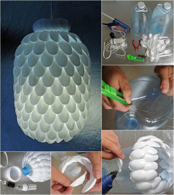Lag en lampe fra plastskjeer og en plastflaske selv, kreative DIY ideer til å etterligne