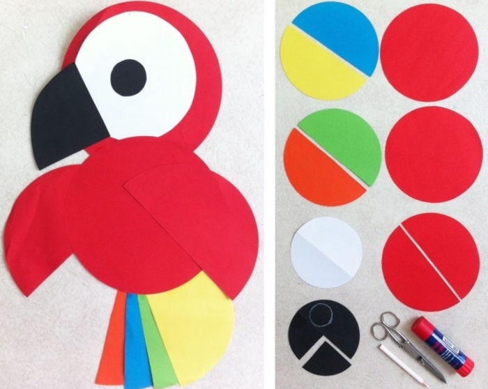 DIY prosjekter for barn å lage, papir papegøye, materialer: papir, saks, lim, blyant