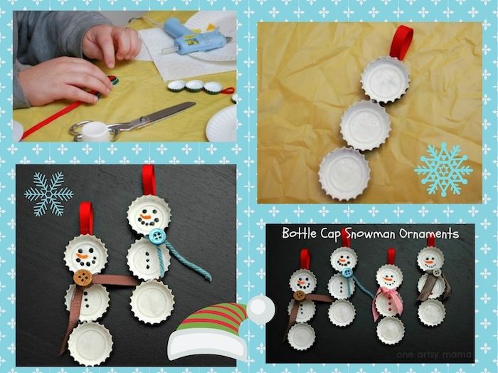 jednoduchá inštrukcia - snehuliak drotár - biele snehuliači s čiernymi očami a hnedé a modré gombíky a škrupiny