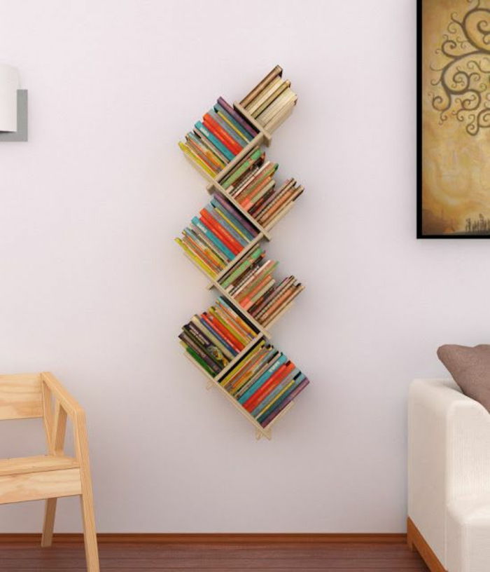 DIY-Prateleira-de-madeira-muitos livros-estante Wood-cadeira-cama tomada
