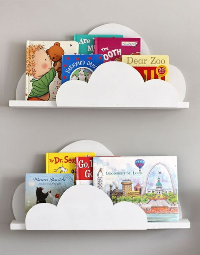 DIY-parede prateleiras-branco-nuvem muitos livros-creche-decoration-Wanddeko