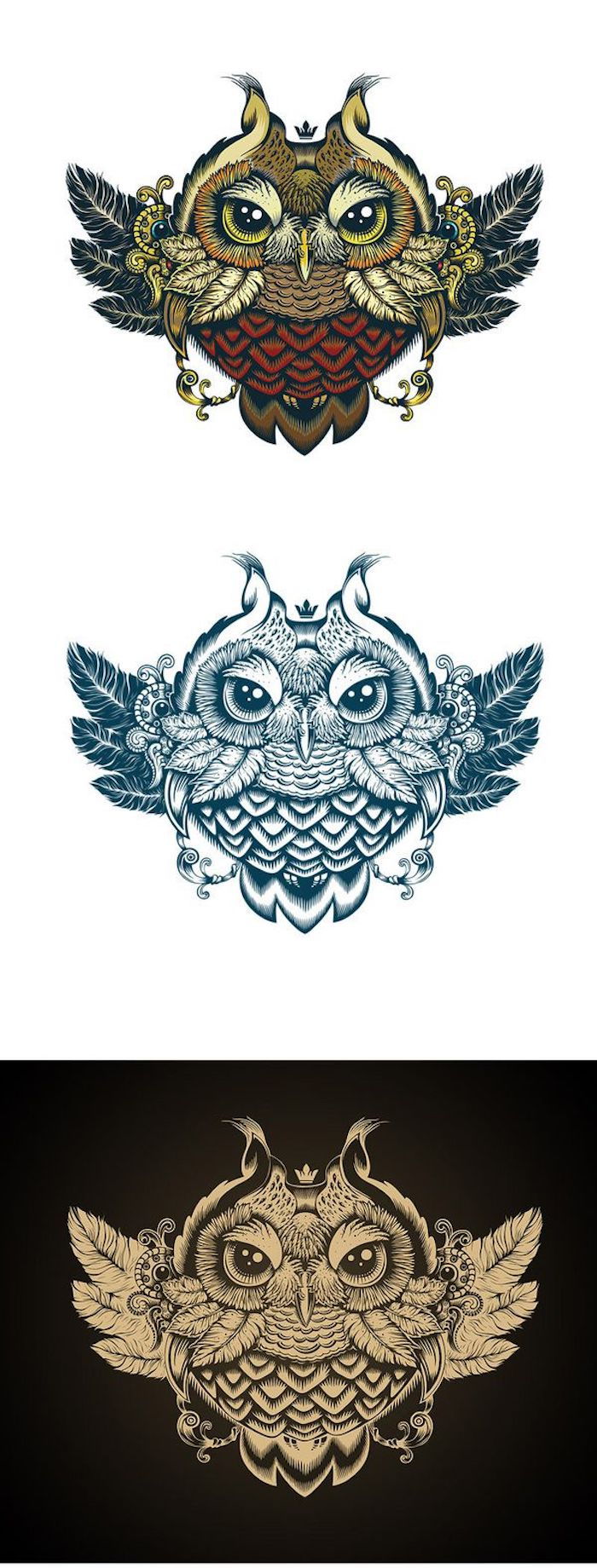 Iată trei mari idei pentru tatuajele owl - o bufniță galbenă, albastră și colorată