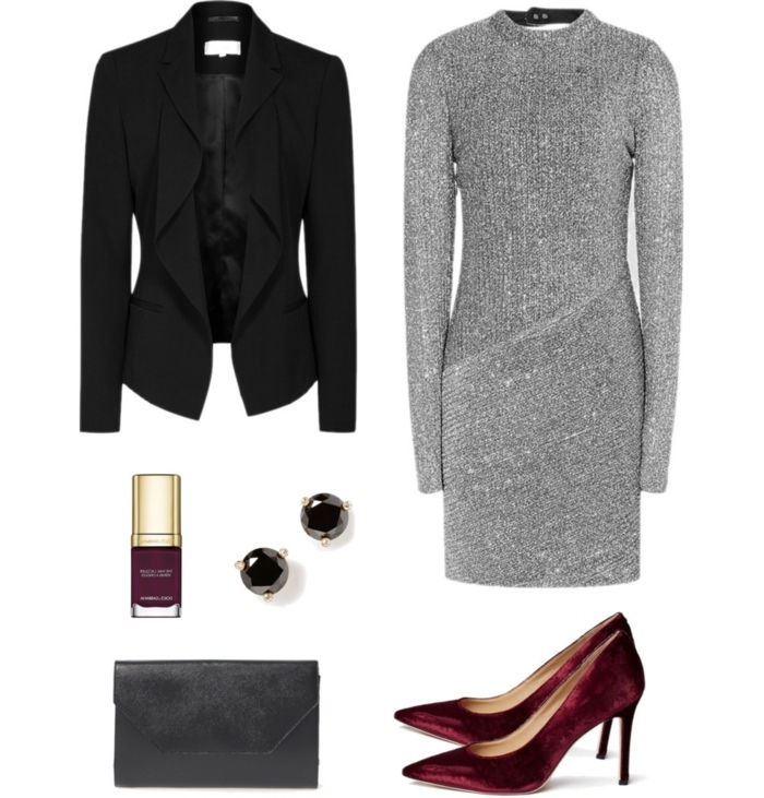 praznična oblačila koda oblačenja srebrna obleka sparkly črni diamanti uhani blazer rdeči čevlji