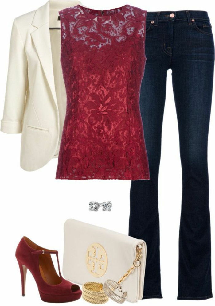 casual koda oblačenja za zabavo v pisarni kavbojke rdeča čipka top bela blazer rdeča čevlji bela torba