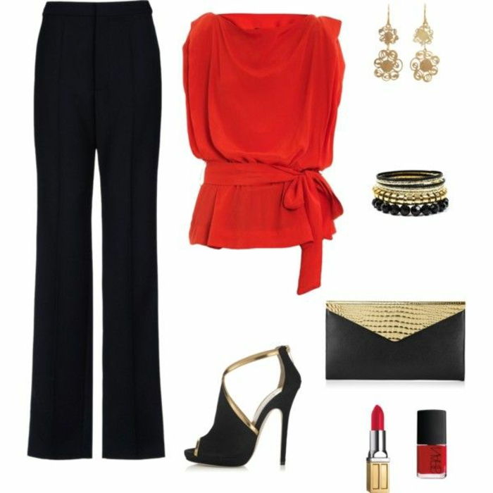 Kleskode fest kvinner stilig vises svart bukser rød topp svart gull tilbehør