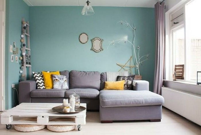 kampinė sofa iš pilkos-spalvos-patrauklus dizainas siena spalva mėlyna