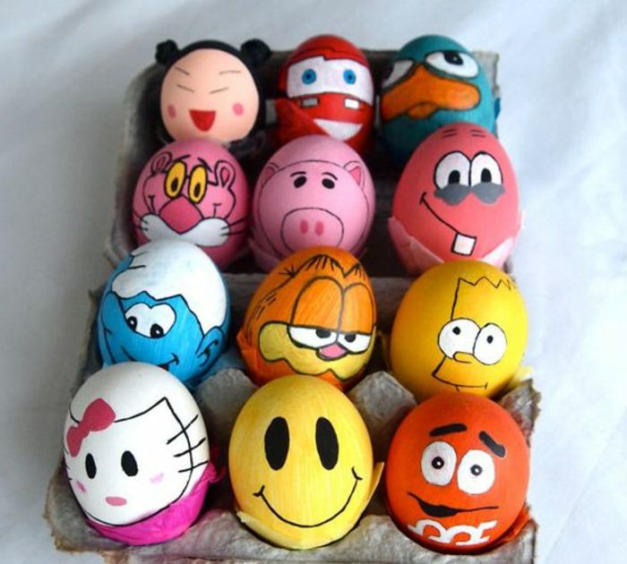 Ovos de Páscoa rostos de heróis populares de desenhos animados e outros shows