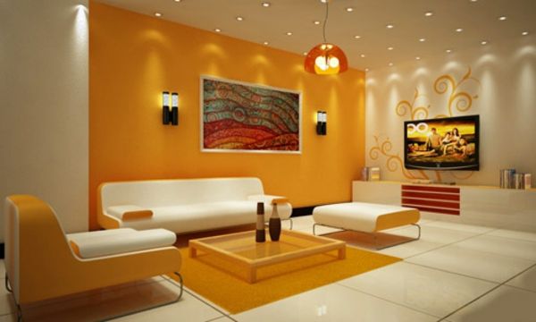 osobliwe oświetlenie-pomysły-do-salonu-akcent-ściana w kolorze pomarańczowym