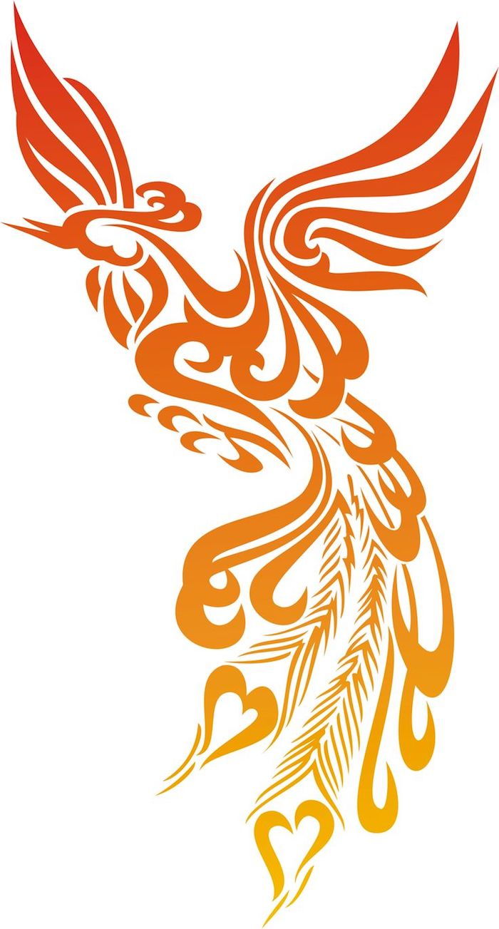 phoenix tatovering mening - en flygende phoenix med to vinger med appelsiner, rød og gul fjær - phoenix fra asken tatovering