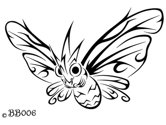 roztomilý malý čierny lietajúci motýľ s veľkými očami a krídlami - jedným z našich nápadov na motýľové tetovanie