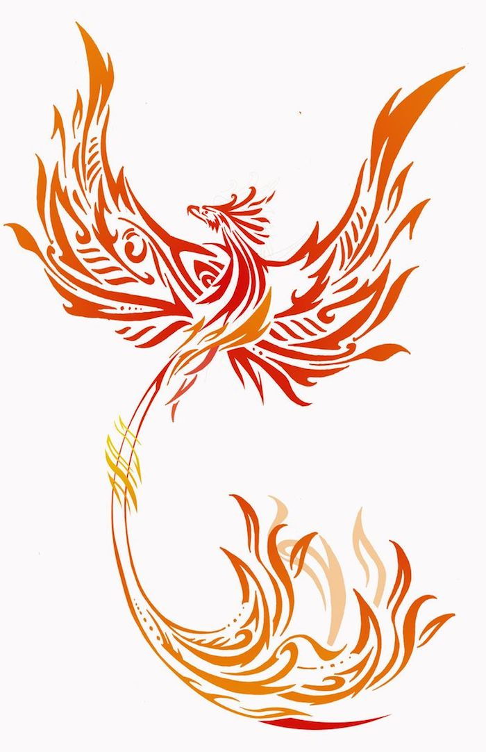 una grande fenice rossa che brucia con due ali infuocate con piume arancioni e rosse - idea per un tatuaggio di fenice