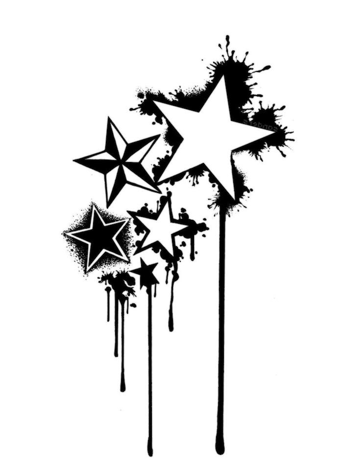 Ideja za črno tatoo - velika bela zvezda in majhne črne zvezde