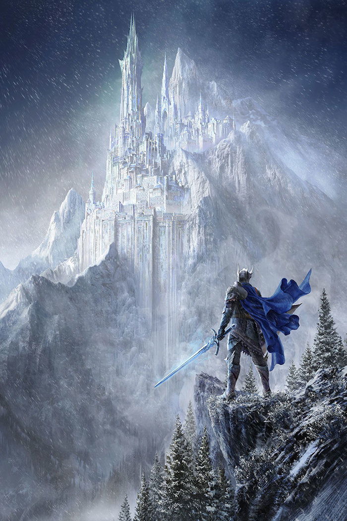 stort hvitt slott med hvite tårn - vinterfjell, skog med trær og snøflak, en mann med et blått sverd