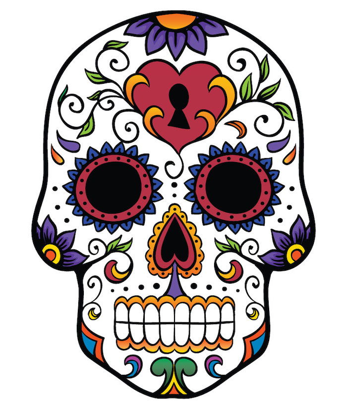 balta kaukolė su violetinėmis gėlėmis ir žaliais lapais bei raudona širdimi - meksikietiška kaukolės tatuiruotė
