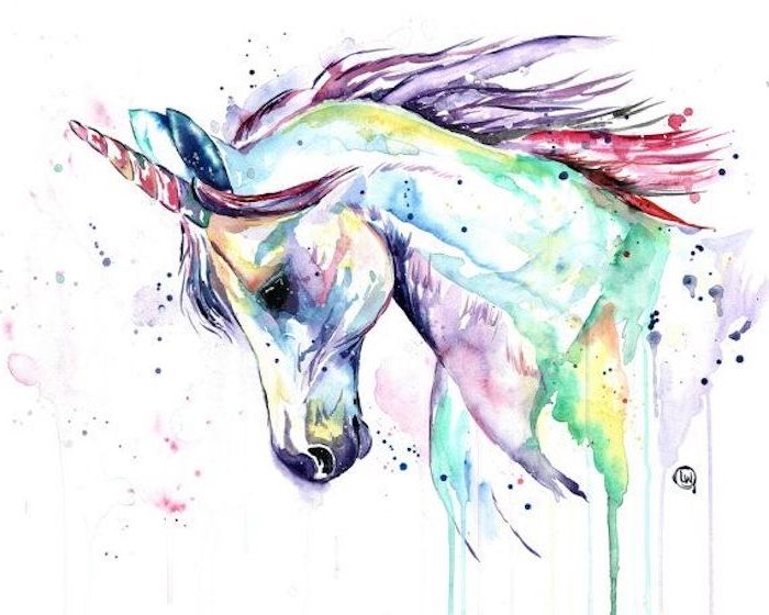 unicorn bilde - en vill regnbue-farget enhjørning med svarte øyne og et langt regnbue-farget horn