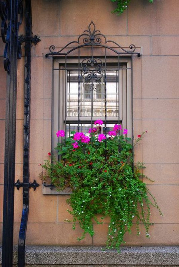 a-lepo-okno-urejena s-flowers-kovinske rešetke