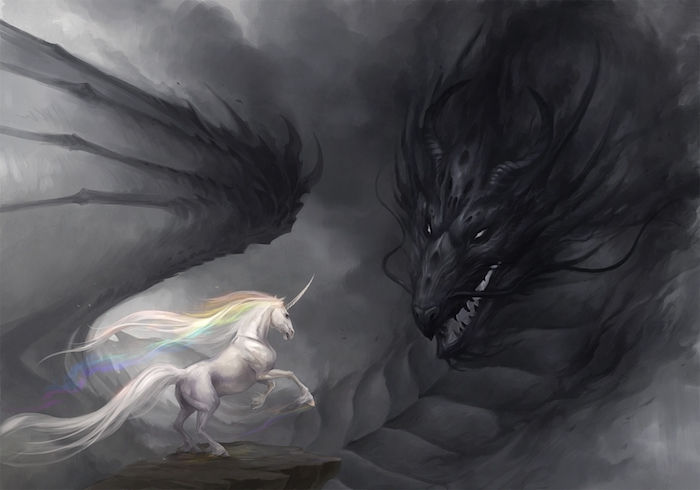 fantazijos vienaragio paveikslai - juodas drakonas su juodais sparnais ir baltas vienaragis su vaivorykštės spalvos tankiu griuvėsiais