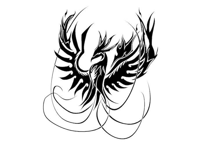 juoda tatuiruotė su dideliu plaukiojančiu juodu feniiksu su dviem juodais sparnais su juodomis plunksnomis