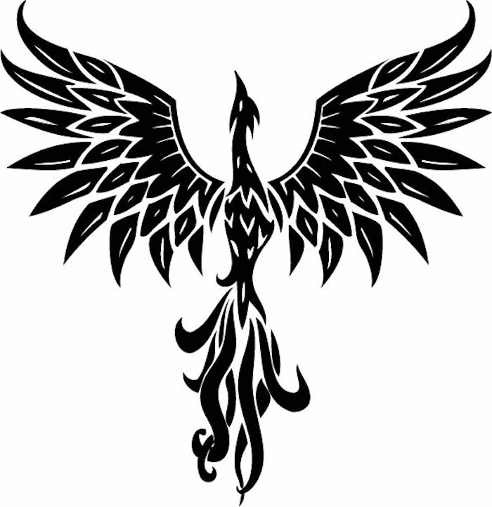 Flygende svart Phoenix med to svarte vinger med svarte fjær og blå øyne