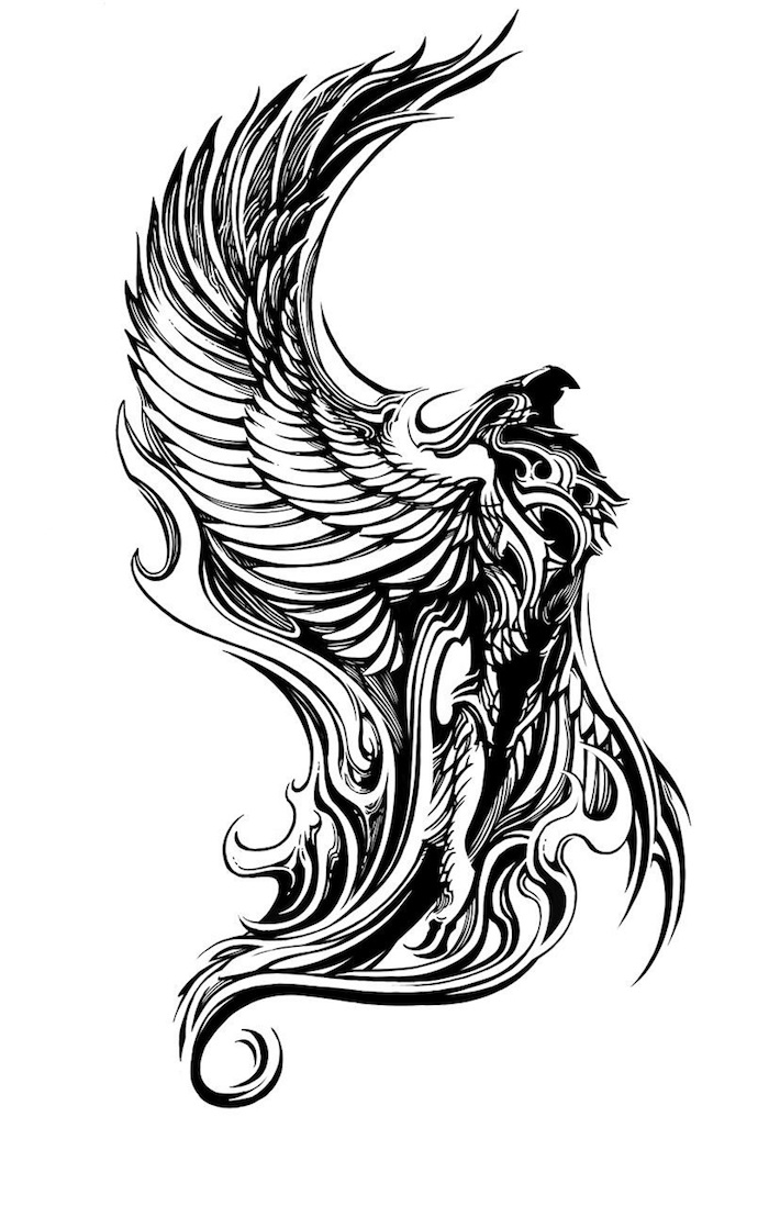 een grote zwarte feniks met grote zwarte vleugels met witte en zwarte veren - feniks uit de ash tattoo