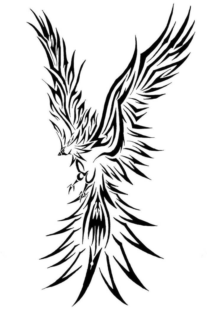 en stor svart flygende phoenix med to svarte vinger med lange svarte og hvite fjær - phoenix tatovering mening